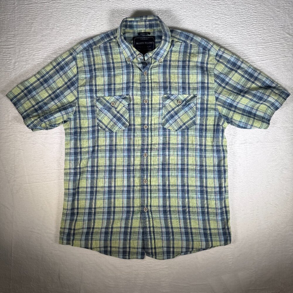 North River Mens L Comfort Fit Plaid Short Sleeve Button Down‎ Shirt Pockets
